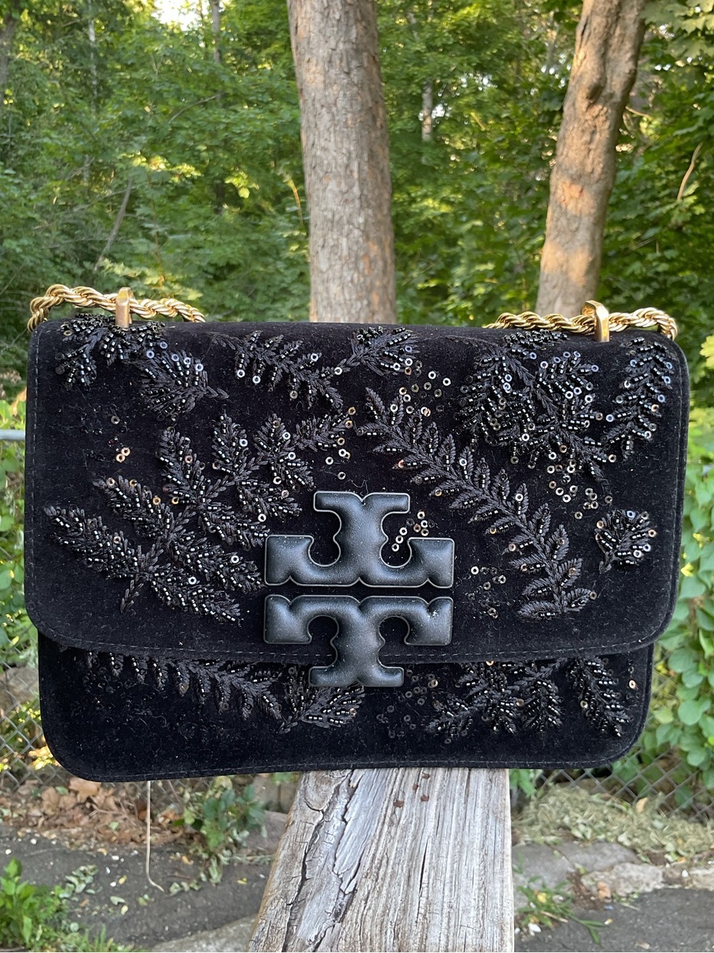 Tory Burch Black Velvet Sequin-Embroidered Double-T Shoulder Bag NWOT